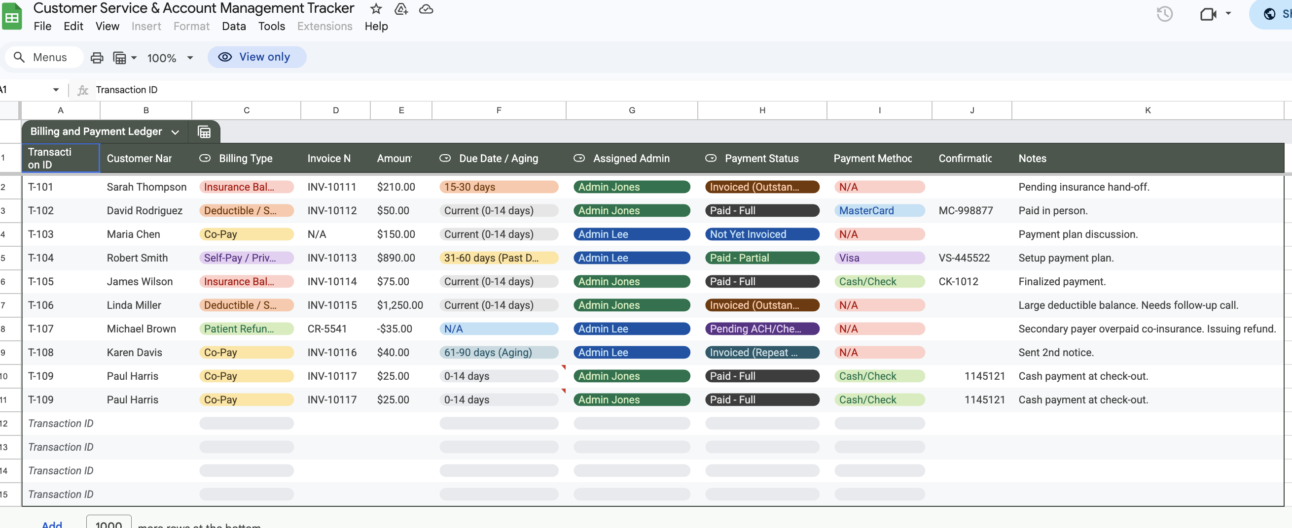 Billing & Payment Ledger Embed