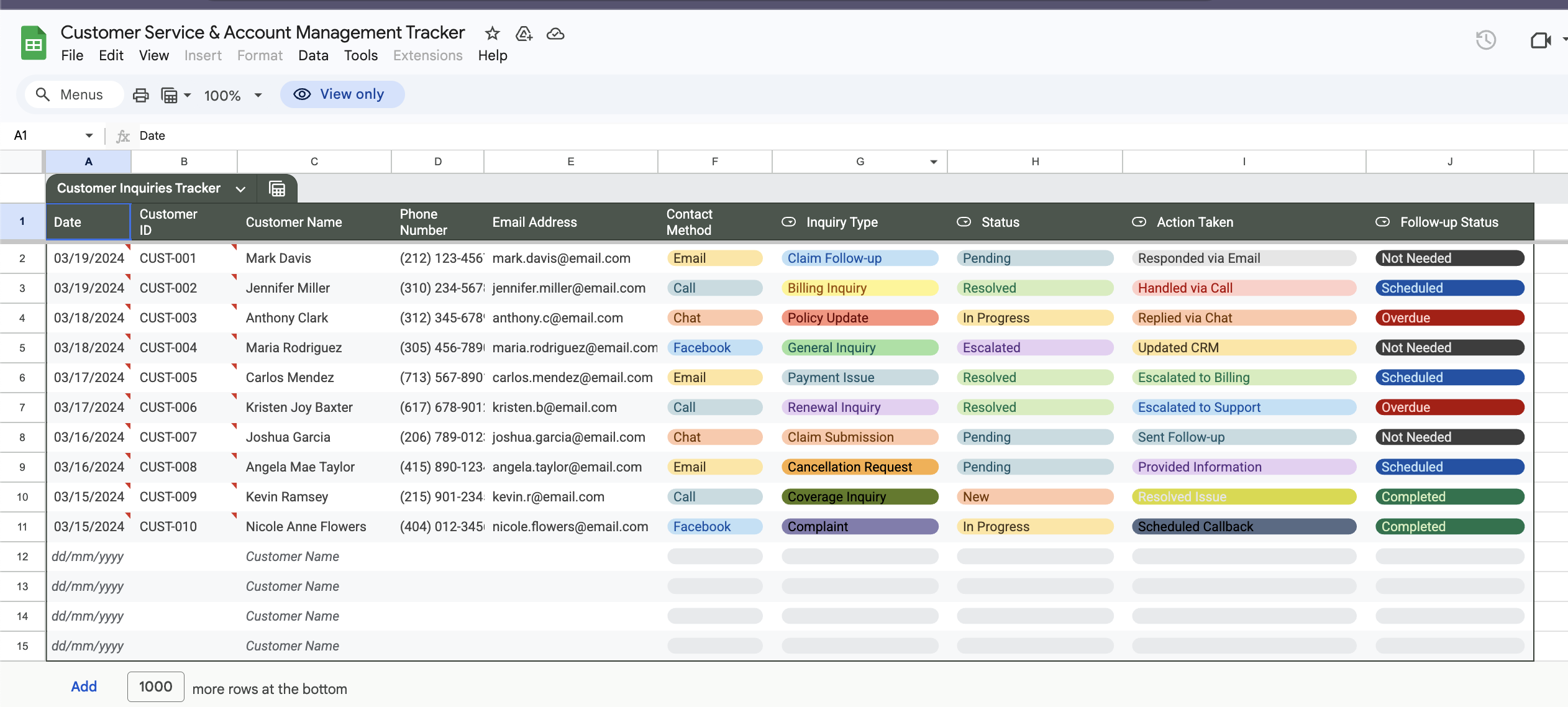 Customer Inquiries Tracker Embed